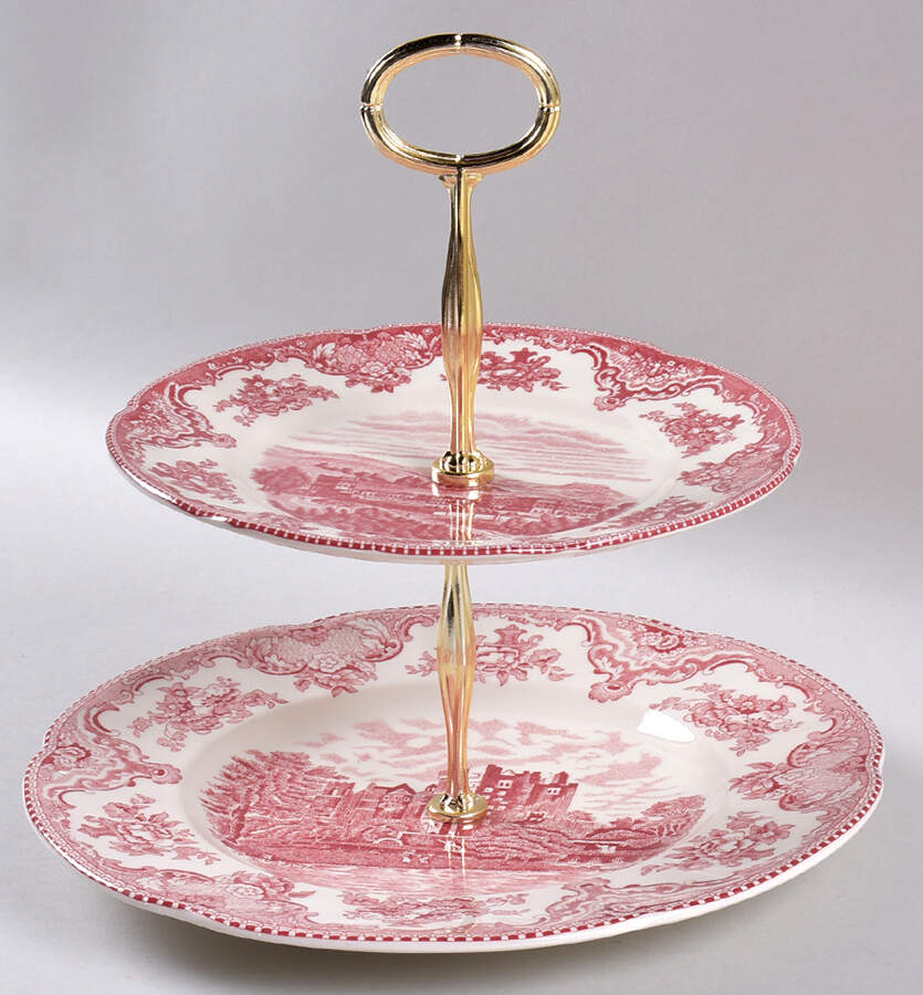 Old Britain Castles Pink (England 1883 Stamp) 6 5/8"-10"  2 Tiered Serving Tray (Dp, Sp) HC by Johnson Brothers-1