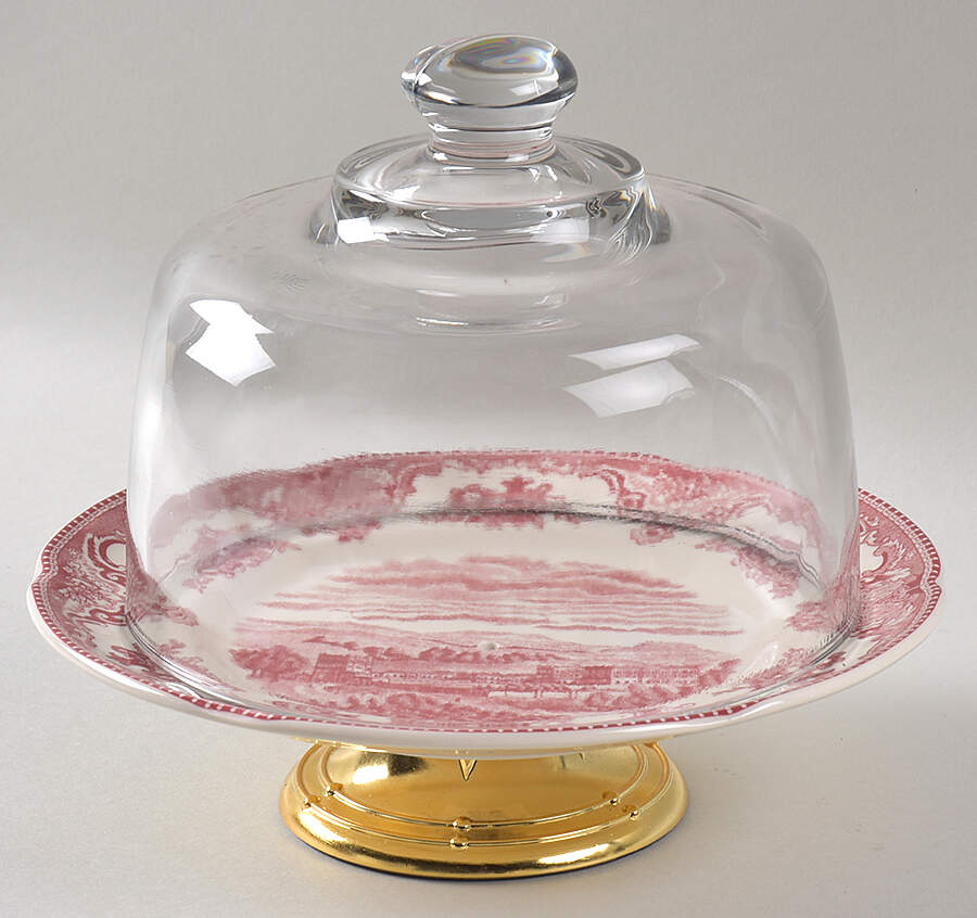 Old Britain Castles Pink (England 1883 Stamp) 6 1/2"-7 1/2" Footed Cheese Plate w/ Glass Dome HC by Johnson Brothers-1