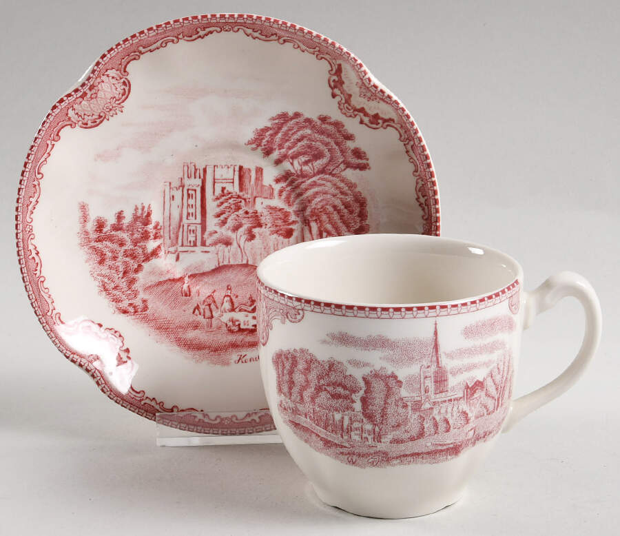 Old Britain Castles Pink (England 1883 Stamp) Flat Cup & Saucer Set by Johnson Brothers-1