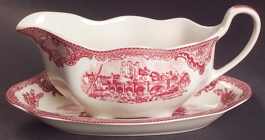 Old Britain Castles Pink (England 1883 Stamp) Gravy Boat & Underplate/Relish by Johnson Brothers-1