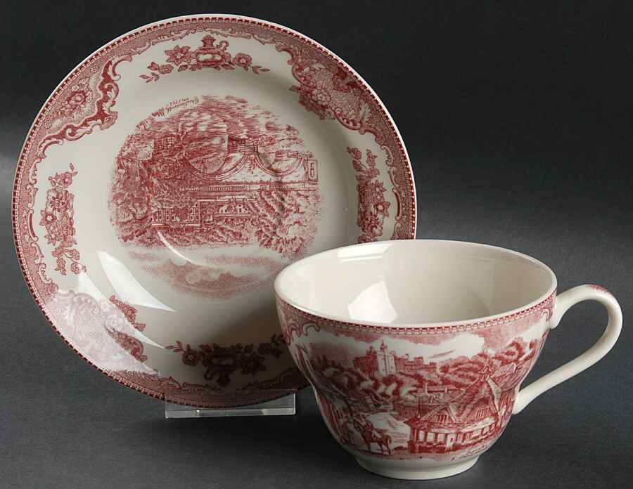 Old Britain Castles Pink (England 1883 Stamp) Jumbo Cup & Saucer Set by Johnson Brothers-1