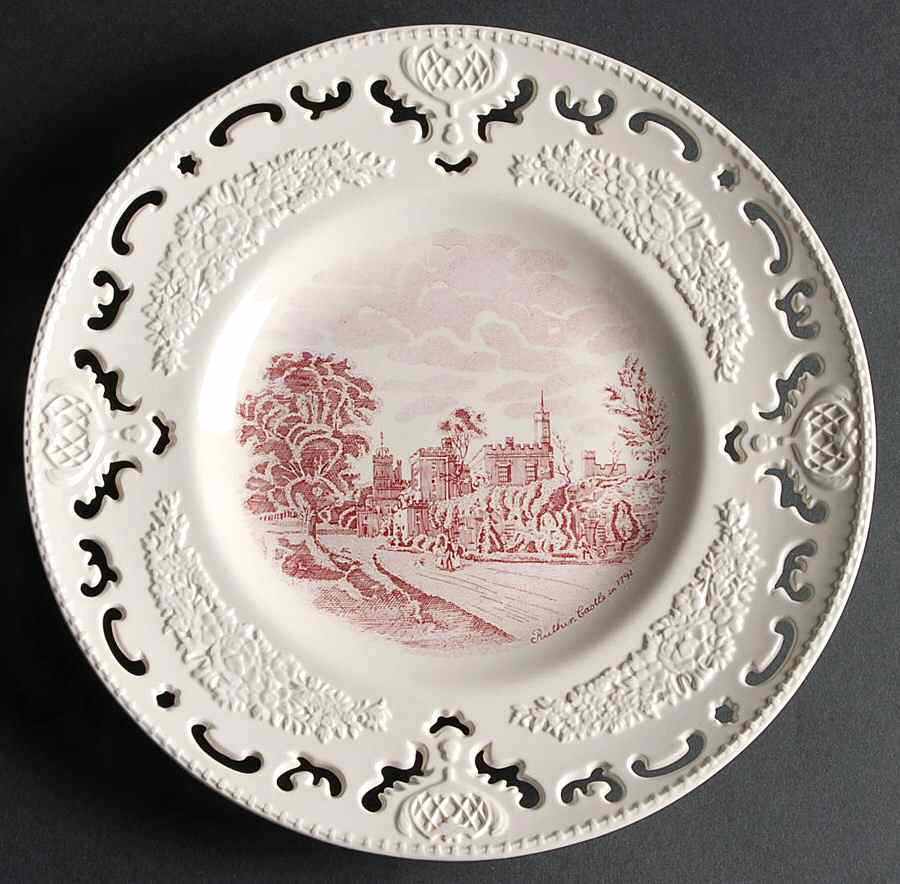 Old Britain Castles Pink (England 1883 Stamp) Pierced Edge Dinner Plate by Johnson Brothers-1