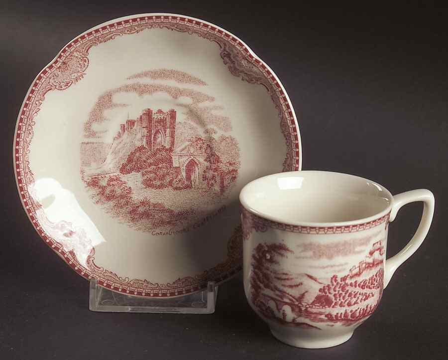 Old Britain Castles Pink (England 1883 Stamp) Flat Demitasse Cup & Saucer Set by Johnson Brothers-1