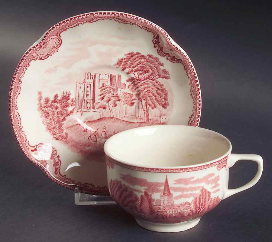 Old Britain Castles Pink (England 1883 Stamp) Flat Cup & Saucer Set by Johnson Brothers-1