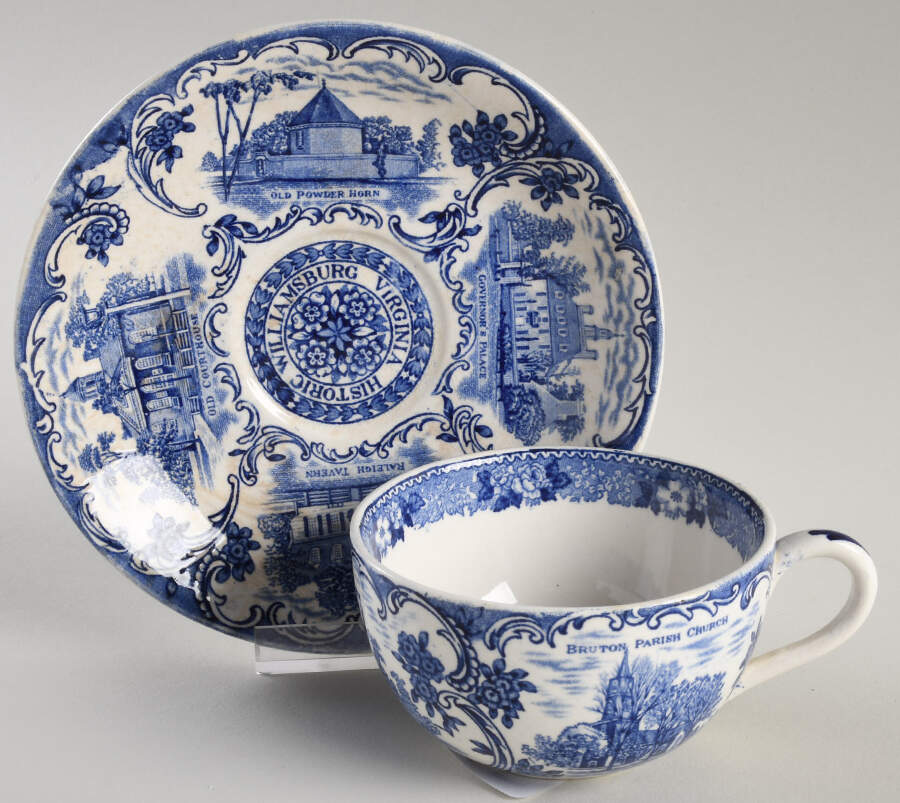 Williamsburg Virginia Blue Flat Cup & Saucer Set by Jonroth Studios-1