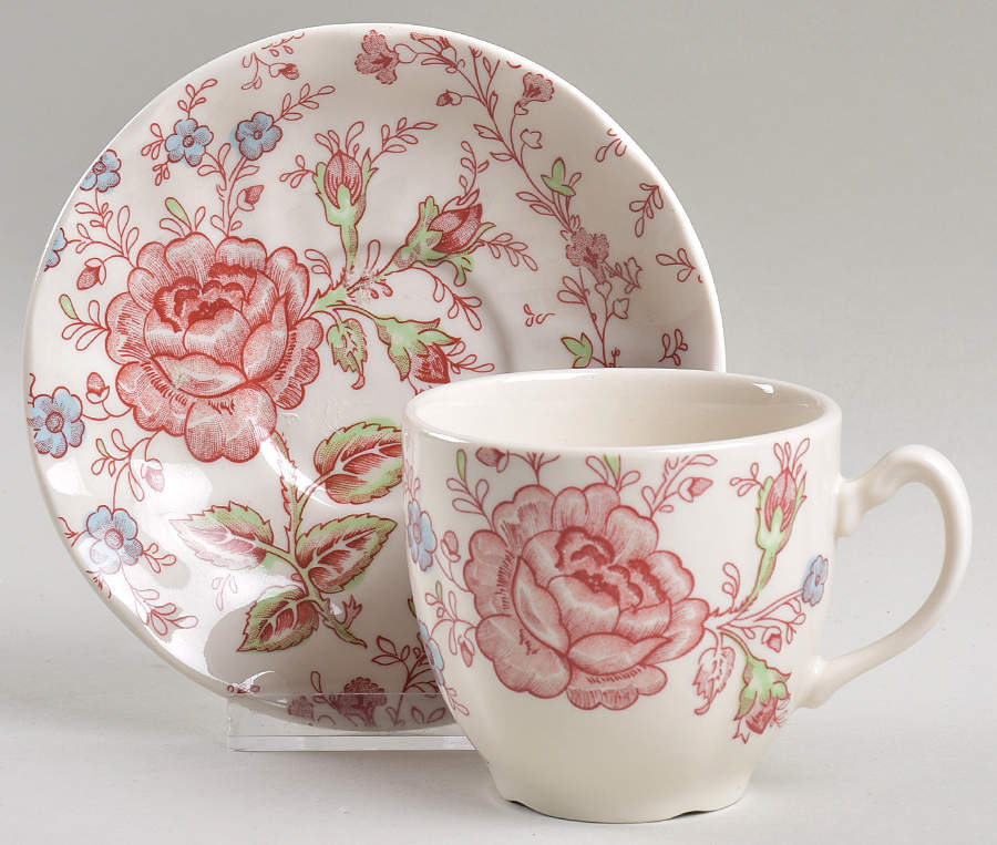 Rose Chintz Pink ("England 1883" Stamp) Flat Cup & Saucer Set by Johnson Brothers-1
