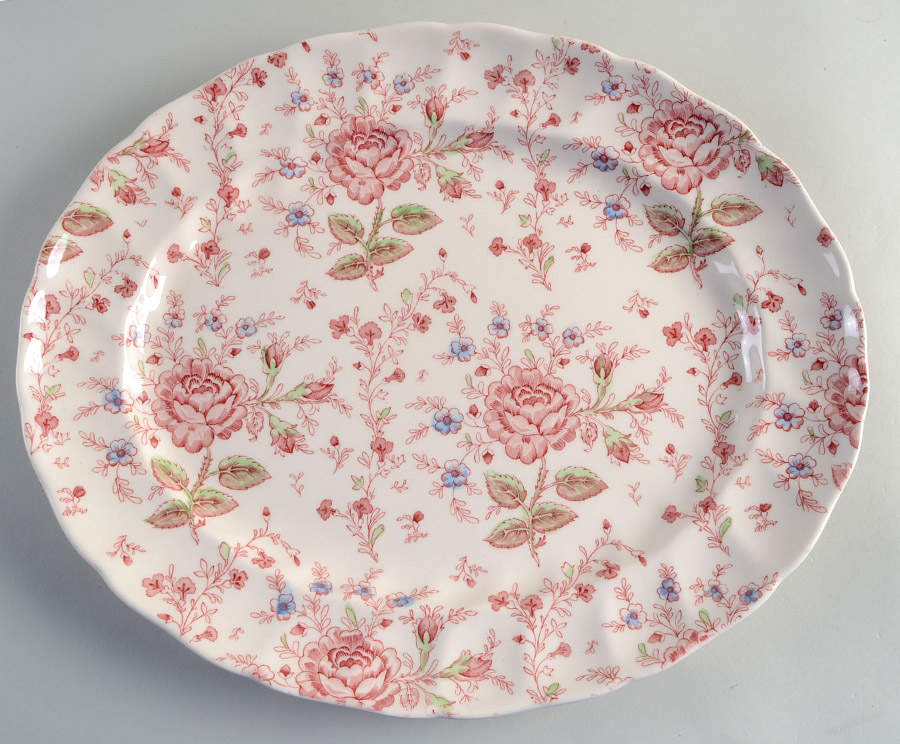 Rose Chintz Pink ("England 1883" Stamp) 15" Oval Serving Platter by Johnson Brothers-1