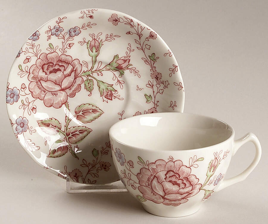 Rose Chintz Pink ("England 1883" Stamp) Flat Cup & Saucer Set by Johnson Brothers-1