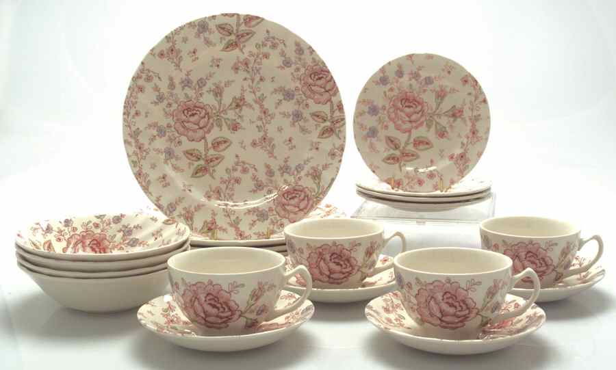 Rose Chintz Pink ("England 1883" Stamp) 20pc Set=4ea CSFL,DP,BB ,CERC by Johnson Brothers-1