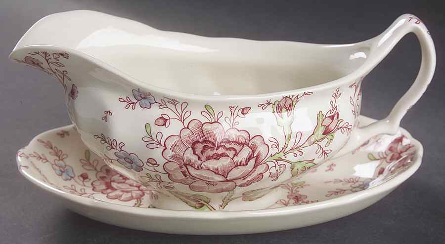 Rose Chintz Pink ("England 1883" Stamp) Gravy Boat & Underplate/Relish by Johnson Brothers-1