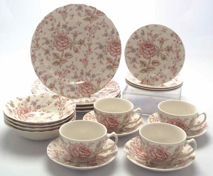Rose Chintz Pink ("England 1883" Stamp) 20pc Set=4ea CSFL,DP,BB,CERQ by Johnson Brothers-1