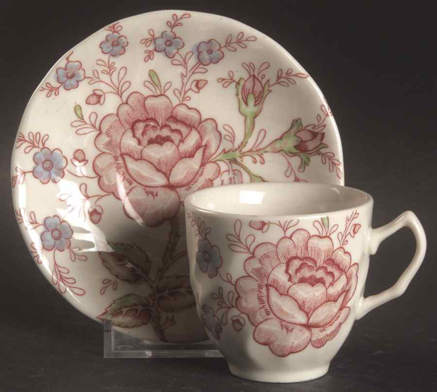 Rose Chintz Pink ("England 1883" Stamp) Flat Demitasse Cup & Saucer Set by Johnson Brothers-1