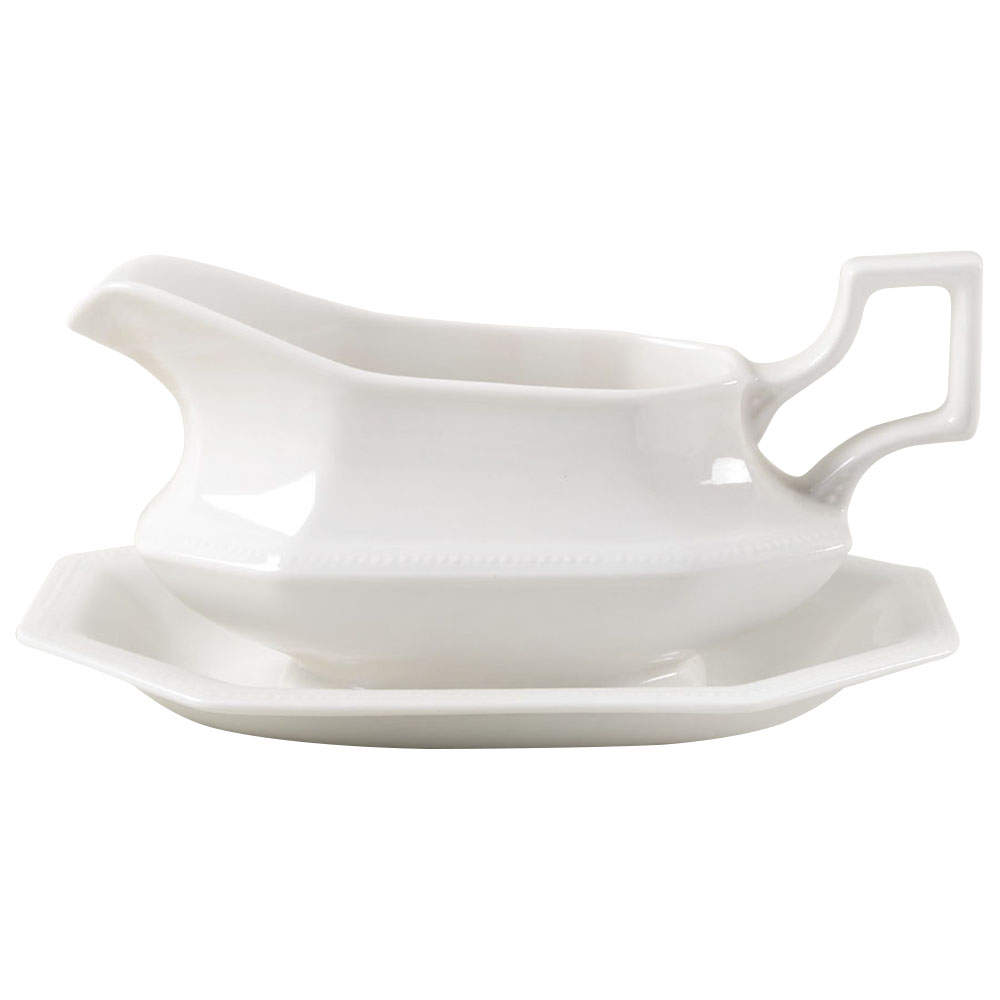 Heritage White ("England 1883"Stamp, Made In China) Gravy Boat & Underplate/Relish by Johnson Brothers-1