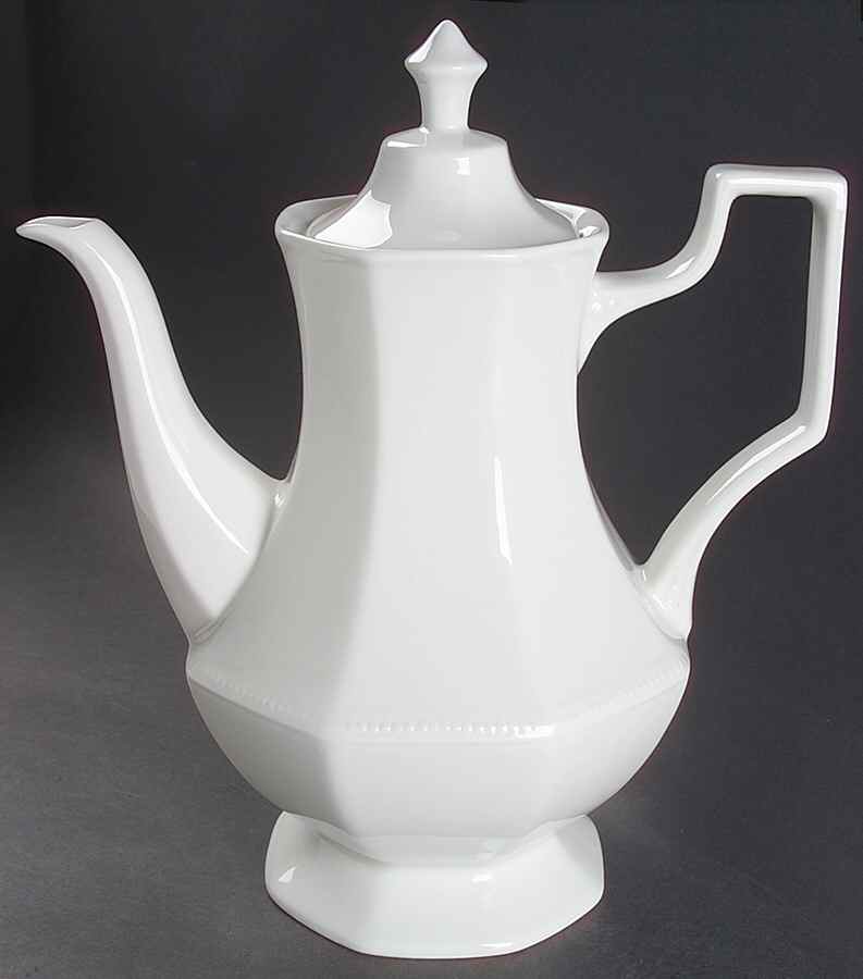 Heritage White ("England 1883"Stamp, Made In China) Coffee Pot & Lid by Johnson Brothers-1