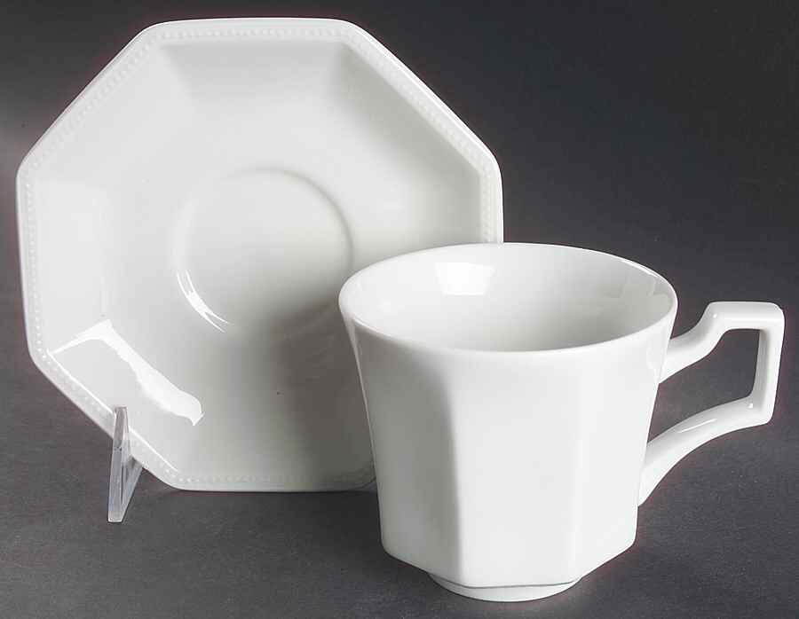 Heritage White ("England 1883"Stamp, Made In China) Breakfast Cup & Cream Soup Saucer Set by Johnson Brothers-1