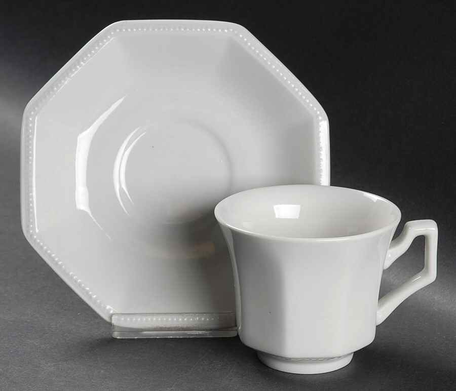 Heritage White ("England 1883"Stamp, Made In China) Footed Cup & Saucer Set by Johnson Brothers-1
