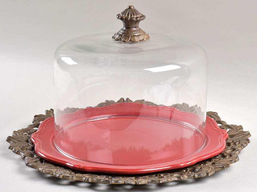 Corvella Red Cake Plate with Metal Pedestal & Glass Dome by JCPenney-1