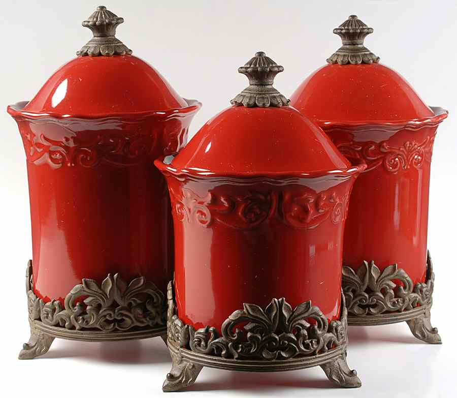 Corvella Red (3 Piece) Canister Set W/3 Metal Stands by JCPenney-1
