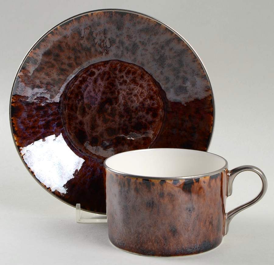 Tortoise (Platinum Trim) Flat Cup & Saucer Set by Jaune de Chrome-1