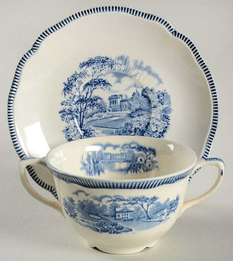 English Gardens Blue (Blue Band) Flat Bouillon Cup & Saucer by Johnson Brothers-1