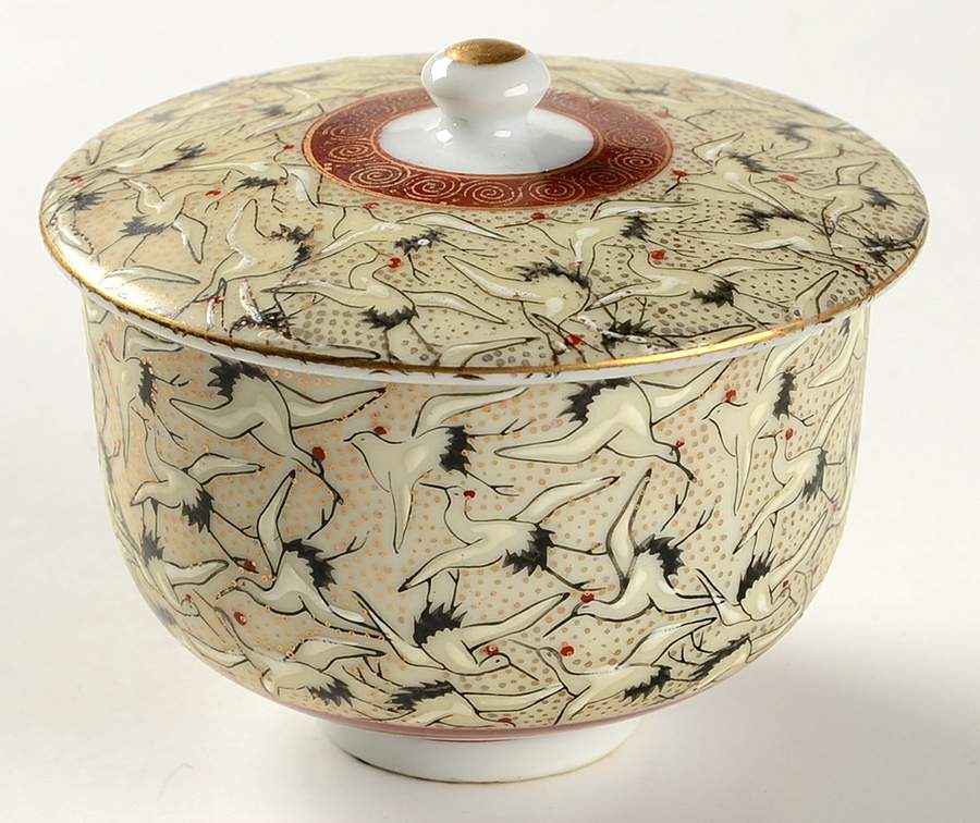 Thousand Cranes Flat Cup & Lid Set by Kutani-1