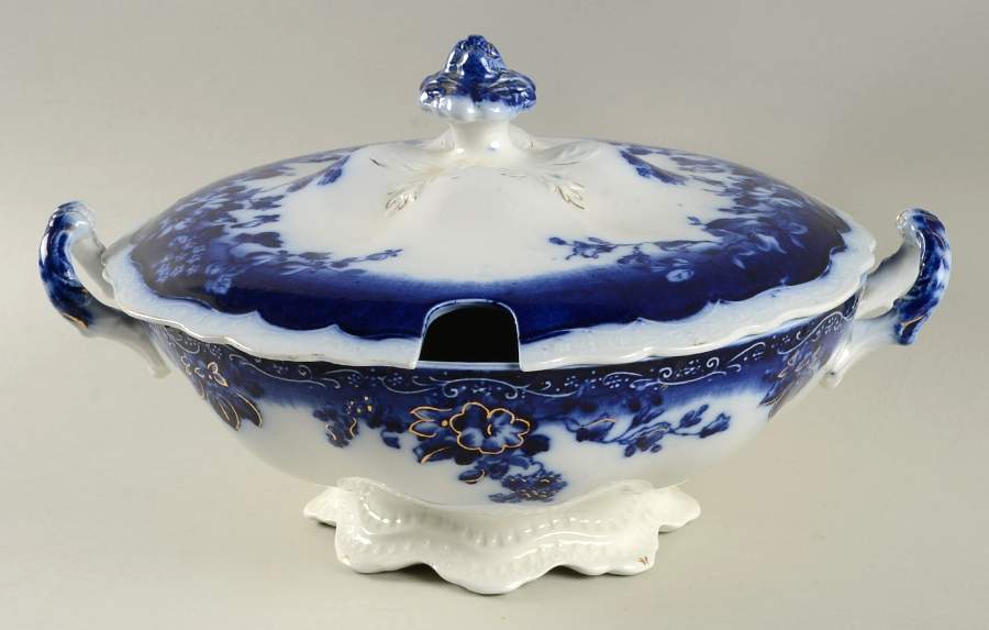Clayton(Flow Blue, Gold Trim&Accents) Tureen &  Lid by Johnson Brothers-1