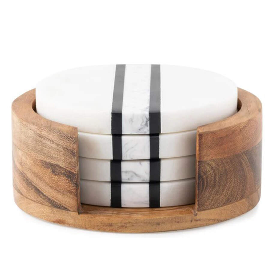 Stonewood Stripe Marble Coasters and Wood Holder - Set of 4 by Juliska Ceramics-1