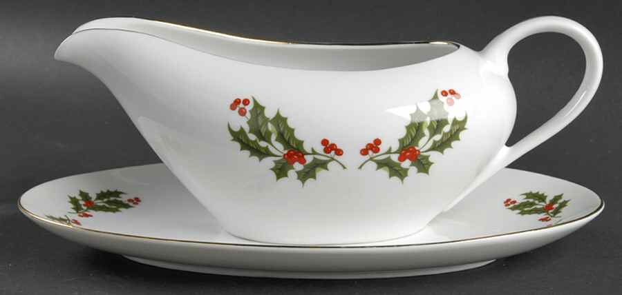 Christmas Holly (Smooth Edge) Gravy Boat & Underplate/Relish by Kashima-1