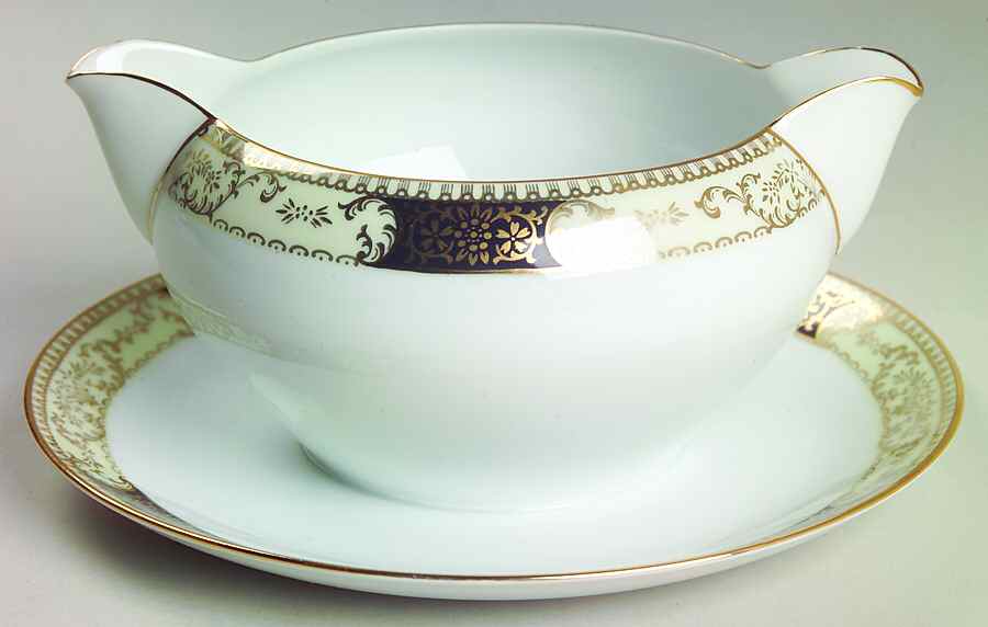 Windsor White and Black Gravy Boat with Attached Underplate by Kent (Japan)-1