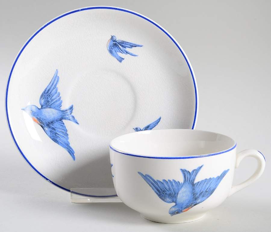 Blue Bird Footed Cup & Saucer Set by Knowles, Taylor & Knowles-1