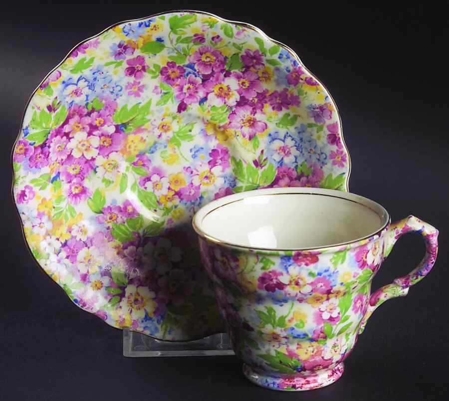 Apple Blossom Chintz Footed Cup & Saucer Set by James Kent (England)-1
