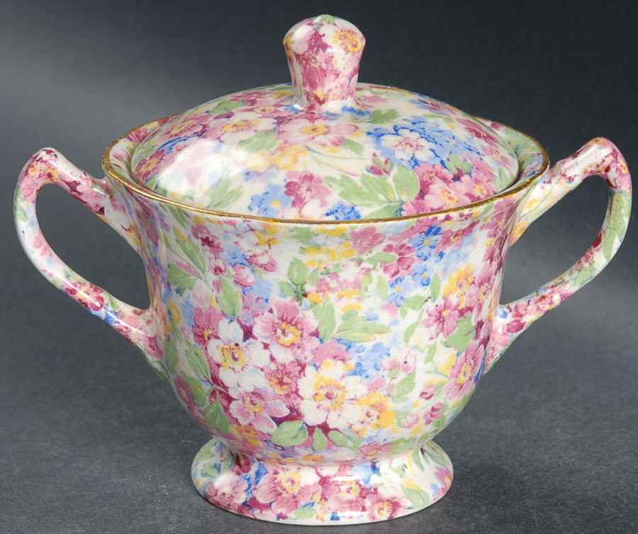 Apple Blossom Chintz Diamond Sugar Bowl & Lid by James Kent (England)-1