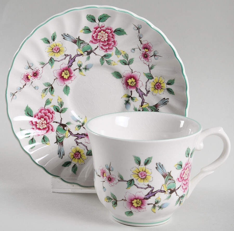 Chinese Rose Footed Cup & Saucer Set by James Kent (England)-1