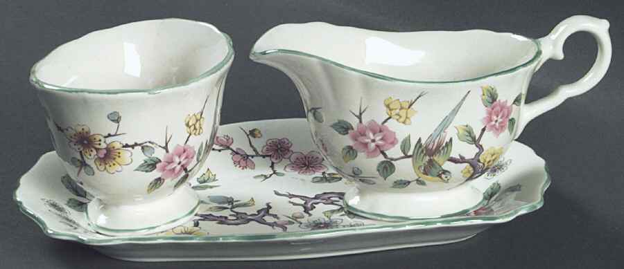 Chinese Rose Mini Creamer & Open Sugar with Tray by James Kent (England)-1