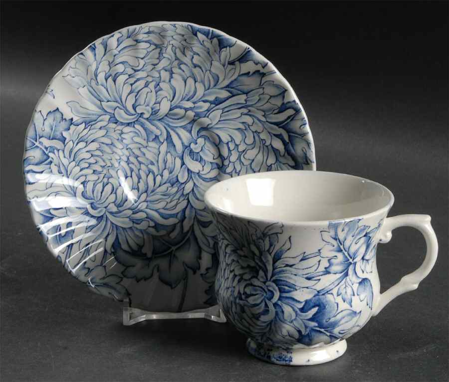 Chrysanthemum Blue Footed Cup & Saucer Set by James Kent (England)-1