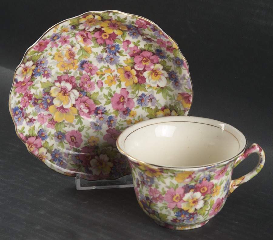 Dubarry (Old, No Globe Backstamp) Granville Shape Flat Cup & Saucer Set by James Kent (England)-1