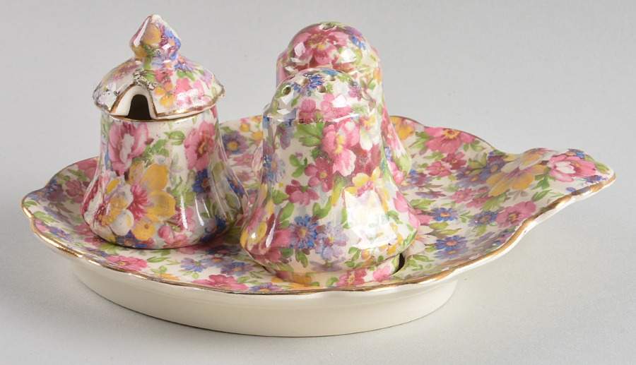 Dubarry (Old, No Globe Backstamp) (3 Piece) Cruet Set with Tray (S&P, Mustard) by James Kent (England)-1