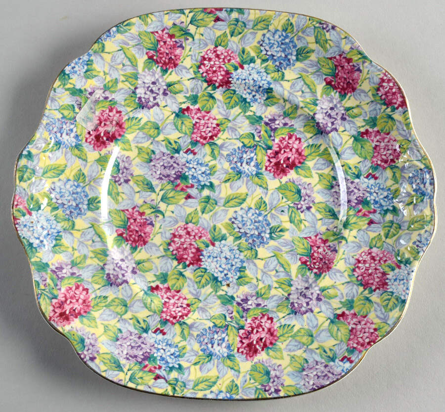 Hydrangea Yellow (Old, Yellow Background) Square Handled Cake Plate by James Kent (England)-1