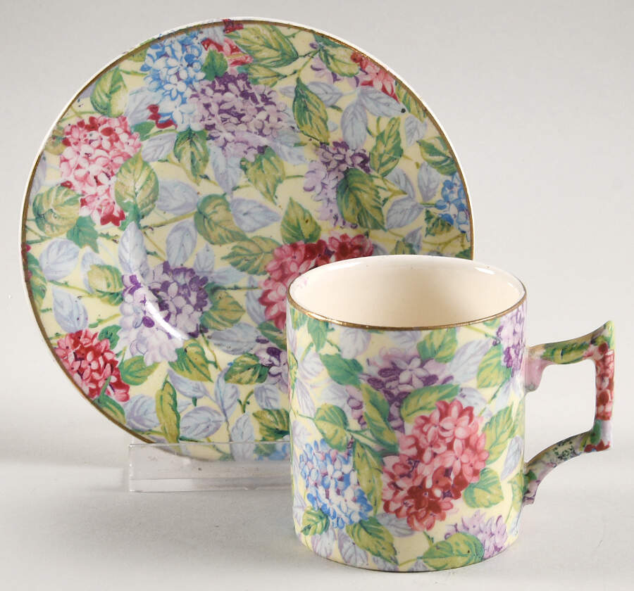 Hydrangea Yellow (Old, Yellow Background) Flat Demitasse Cup & Saucer Set by James Kent (England)-1