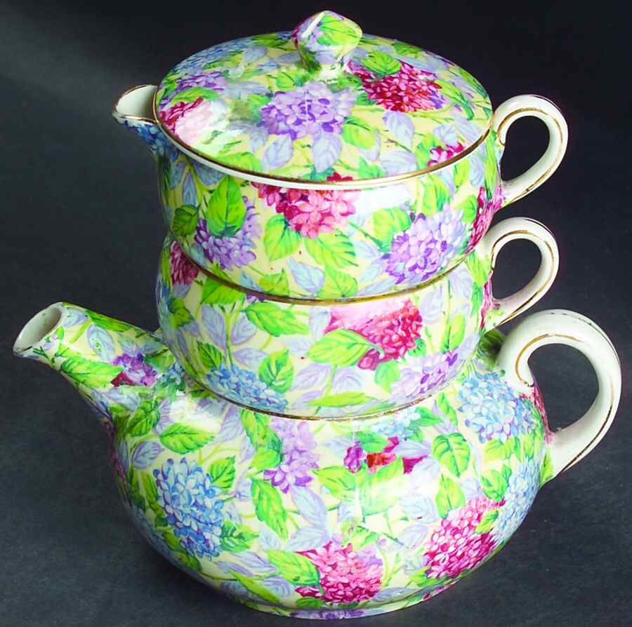 Hydrangea Yellow (Old, Yellow Background) Mini Teapot Stacking Set (Creamer, Sugar) by James Kent (England)-1