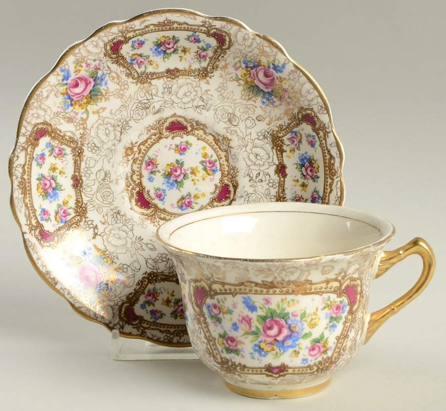 Pompadour (England) Footed Cup & Saucer Set by James Kent (England)-1