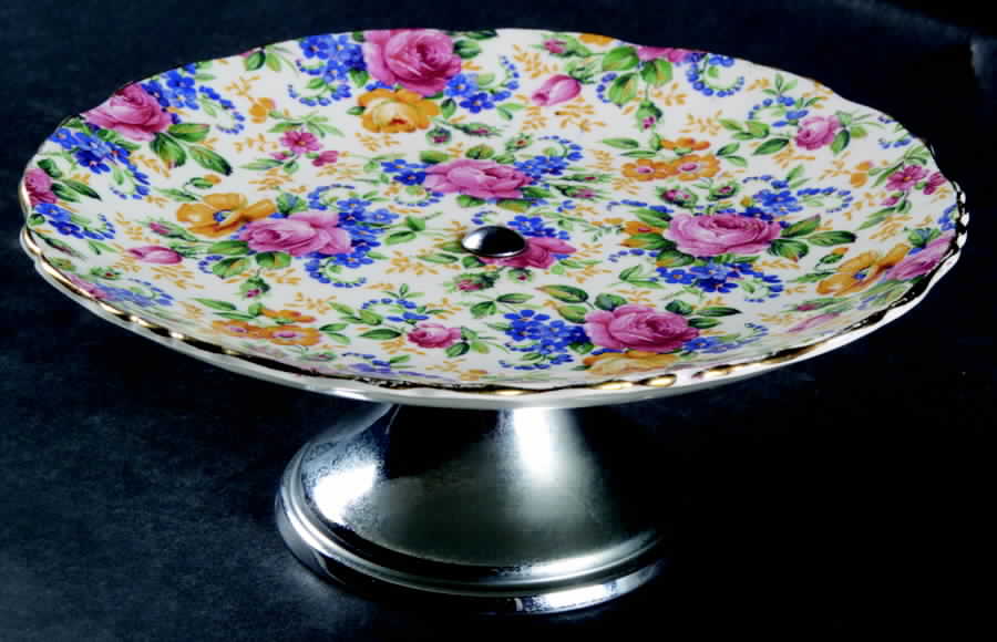 Rosalynde (Old, No Globe Stamp) 6" Footed Bon Bon with Metal Base by James Kent (England)-1