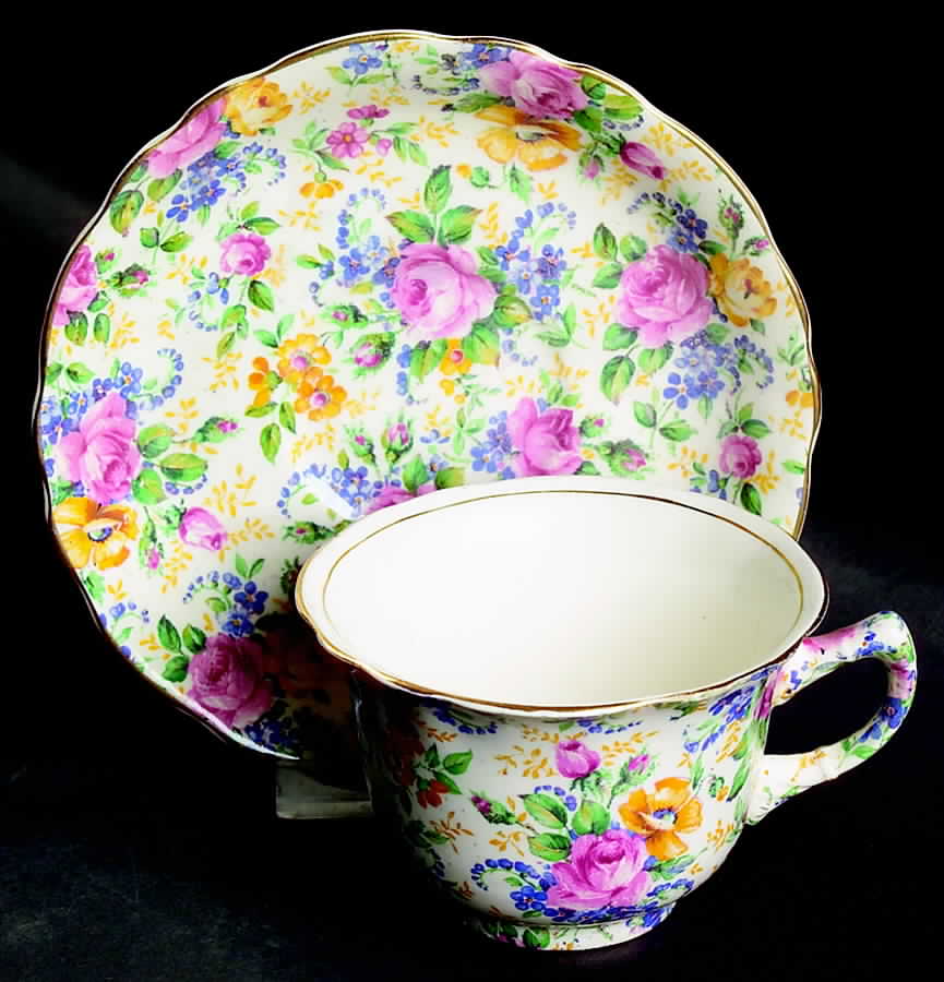 Rosalynde (Old, No Globe Stamp) Flat Cup & Saucer Set by James Kent (England)-1