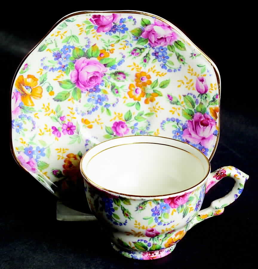 Rosalynde (Old, No Globe Stamp) Footed Demitasse Cup & Saucer Set by James Kent (England)-1