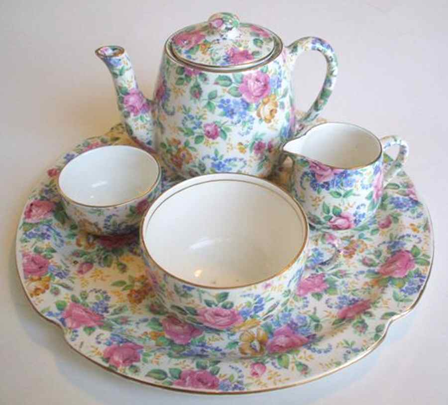 Rosalynde (Old, No Globe Stamp) 5-Piece Breakfast Set (Cup, TP, Cr, Su, Tray) by James Kent (England)-1