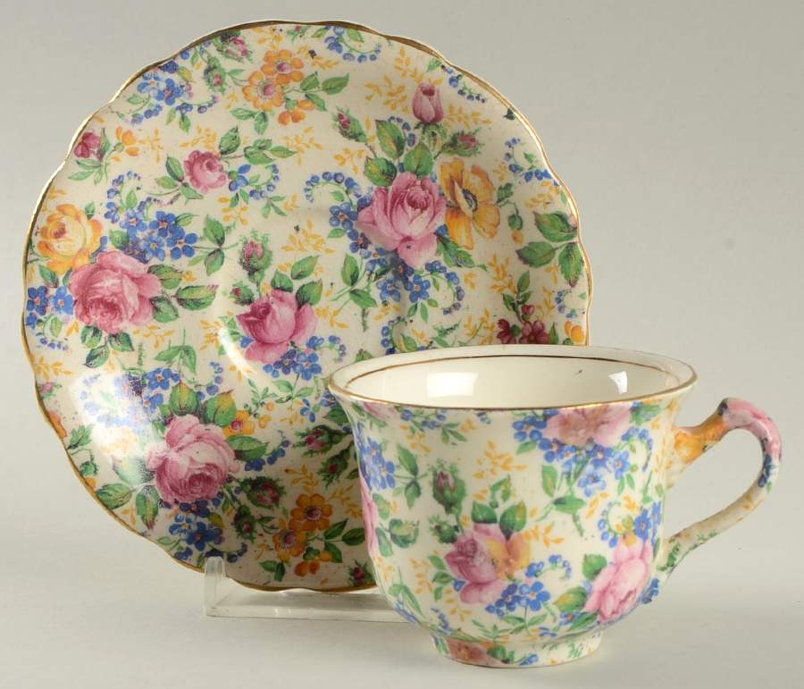 Rosalynde (Old, No Globe Stamp) Flat Demitasse Cup & Saucer Set by James Kent (England)-1