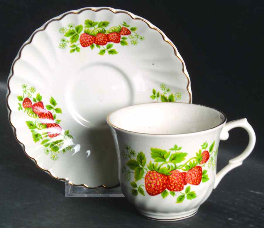 Strawberry (Gold Trim, No Butterflies) Flat Cup & Saucer Set by James Kent (England)-1