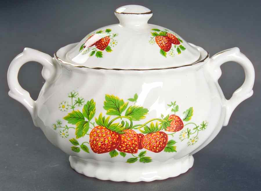 Strawberry (Gold Trim, No Butterflies) Sugar Bowl & Lid by James Kent (England)-1