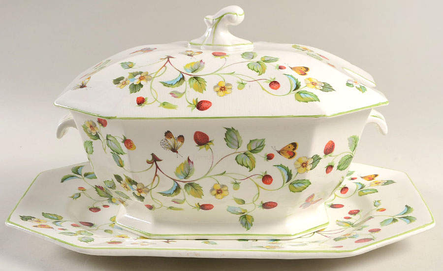 Strawberry (Green Trim, Butterflies) Rectangular Tureen & Lid with Underplate by James Kent (England)-1