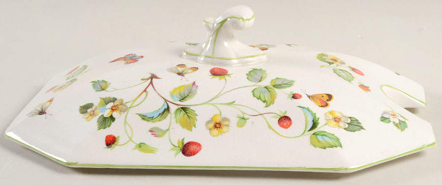Strawberry (Green Trim, Butterflies) Lid for Rectangular Tureen by James Kent (England)-1